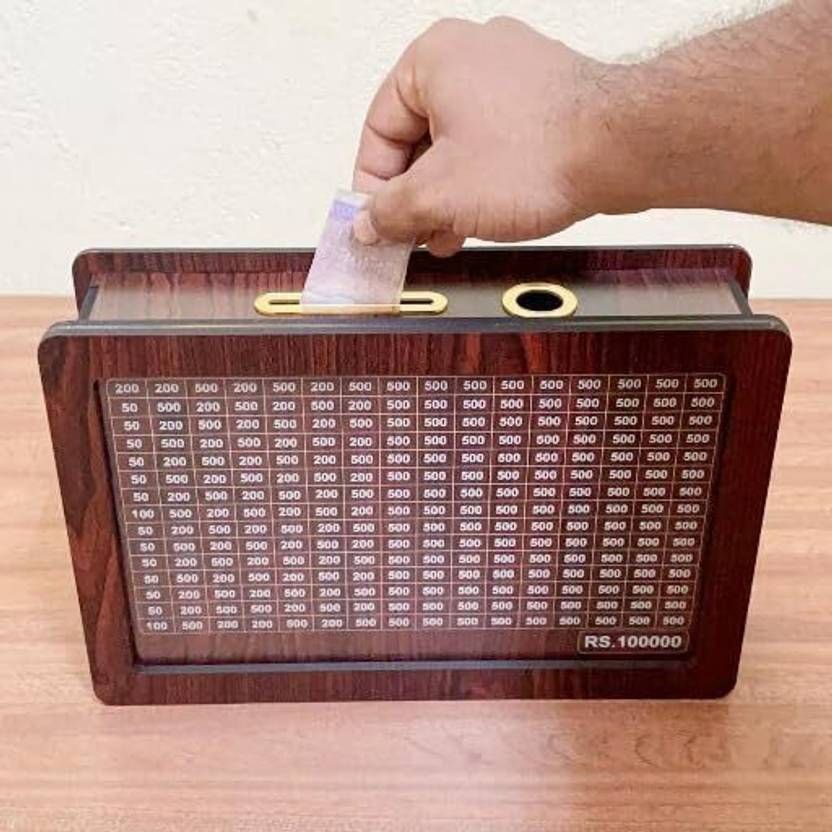 Wooden Money Saving Box ₹1,00,000 Target | Lock-Free Piggy Bank for Kids & Adults | Wooden Coin & Cash Storage Bank