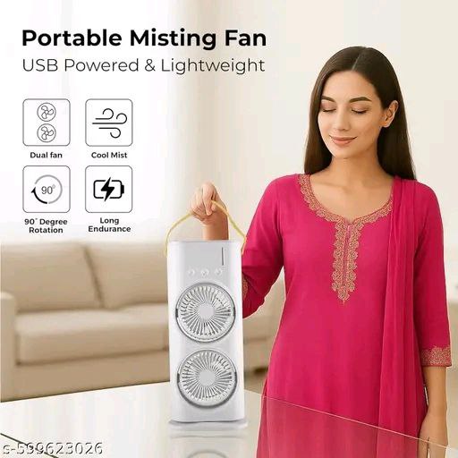 Double-Ended Portable Spray Fan | Dual Mist & Dual Fan with Remote | USB Rechargeable Mini AC Cooler for Home, Kitchen & Travel